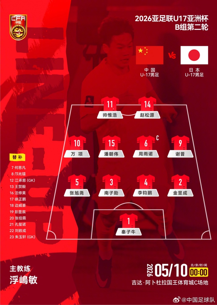 U17亚洲杯B组第二轮，中国U-17男足对阵日本U-17男足，首发公布